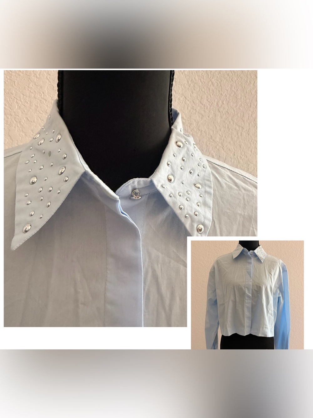 Zara 100% Cotton Light Blue Cropped Shirt | Studded Collar Button Down